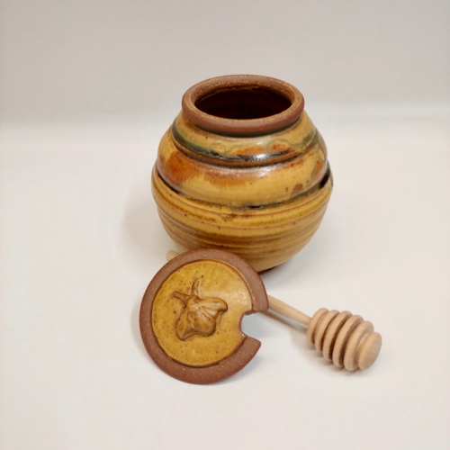Click to view detail for #221156 Honey Pot with Dip Stick  Yelllow/Tan/Moss $16